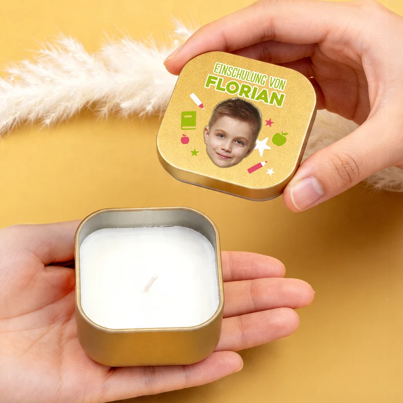 Duftkerze mit Foto, Wunschtext und Motiv personalisiert | Gastgeschenk für Geburtstag & Einschulung