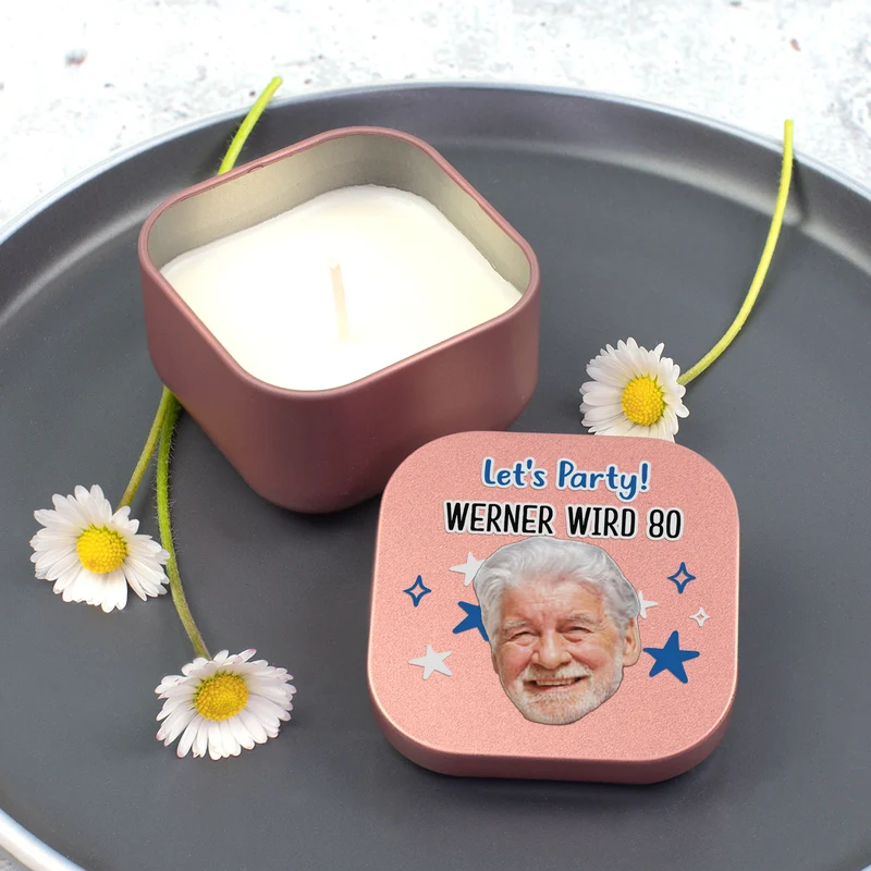 Duftkerze mit Foto, Wunschtext und Motiv personalisiert | Gastgeschenk für Geburtstag & Einschulung