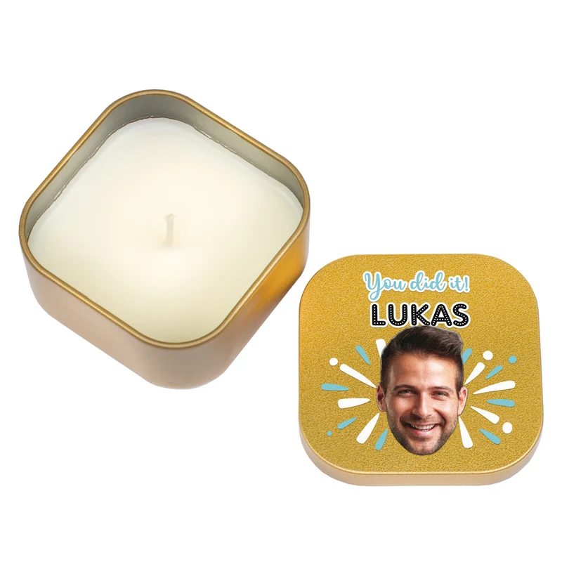 Duftkerze mit Foto, Wunschtext und Motiv personalisiert | Gastgeschenk für Geburtstag & Einschulung
