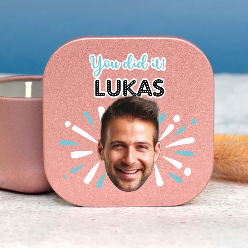 Duftkerze mit Foto, Wunschtext und Motiv personalisiert | Gastgeschenk für Geburtstag & Einschulung