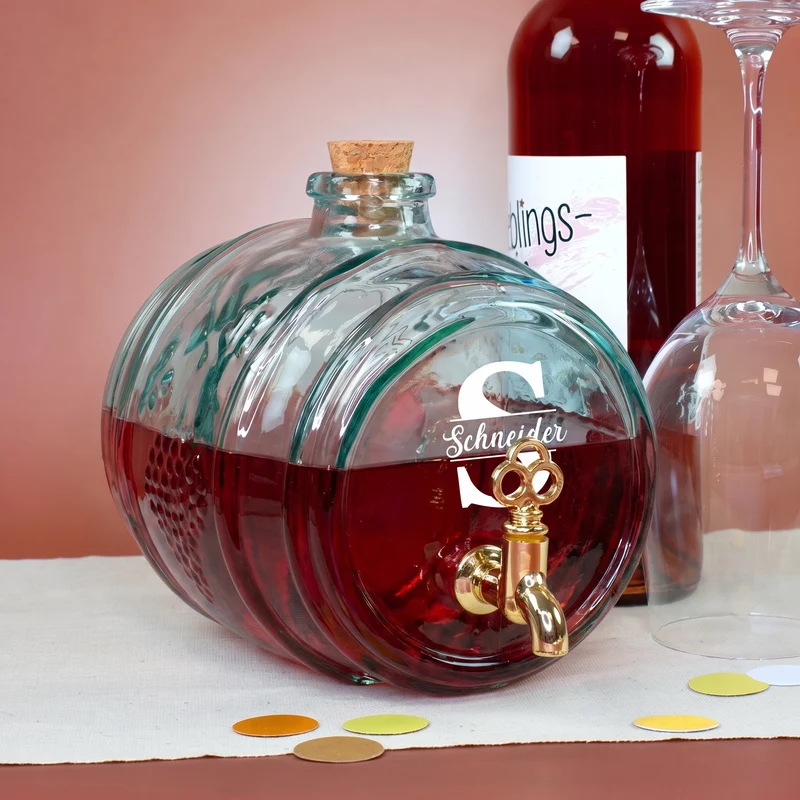 Handgefertigtes Weinfass aus recyceltem Glas mit Initiale & Name | Geschenk für Wein Liebhaber