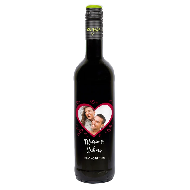 Biorebe Wein zur Hochzeit personalisiert mit Foto, Namen und Datum | Herzmotiv
