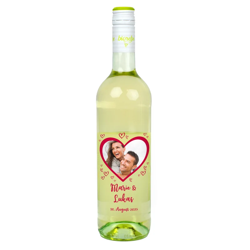 Biorebe Wein zur Hochzeit personalisiert mit Foto, Namen und Datum | Herzmotiv