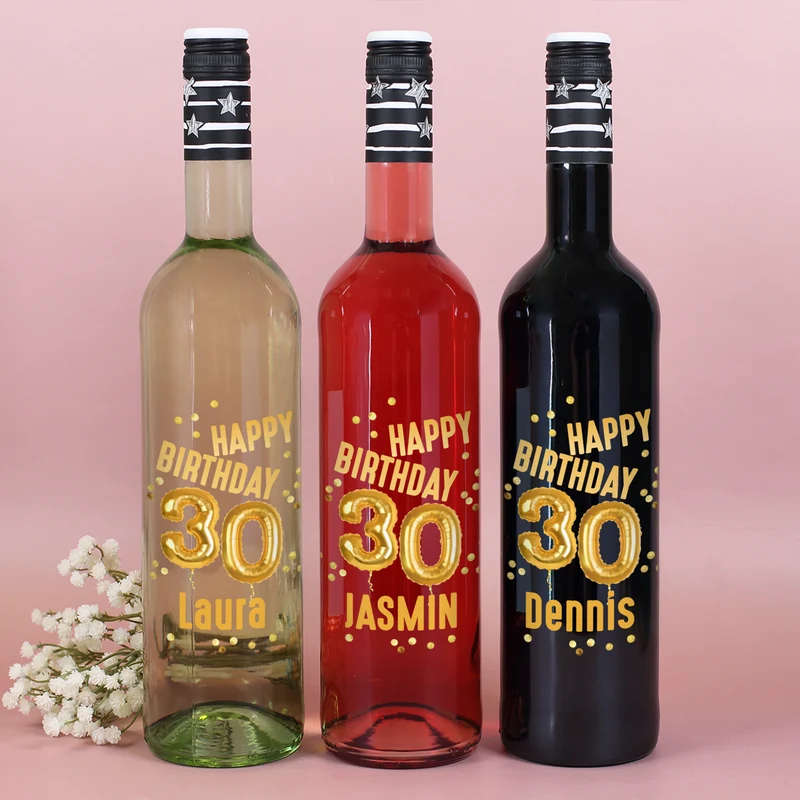 Biorebe Wein zum 30. Geburtstag personalisiert mit Name | Luftballon & Konfetti Design