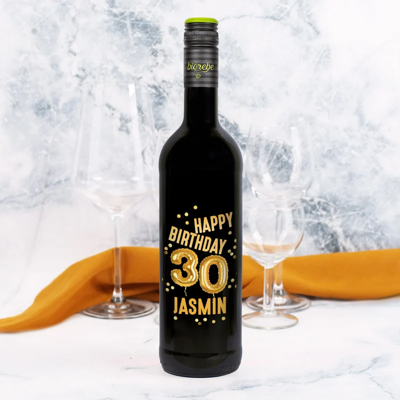 Biorebe Wein zum 30. Geburtstag personalisiert mit Name | Luftballon & Konfetti Design