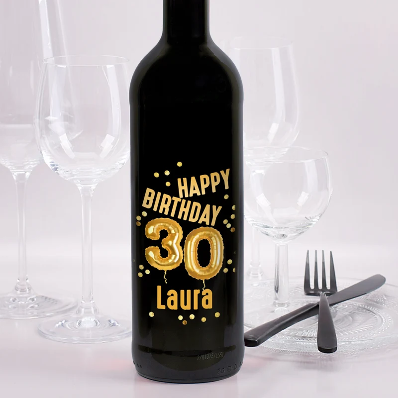 Biorebe Wein zum 30. Geburtstag personalisiert mit Name | Luftballon & Konfetti Design