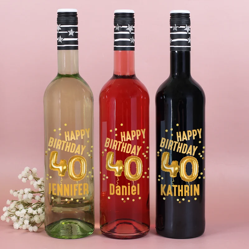 Biorebe Wein zum 40. Geburtstag personalisiert mit Name | Luftballon & Konfetti Design