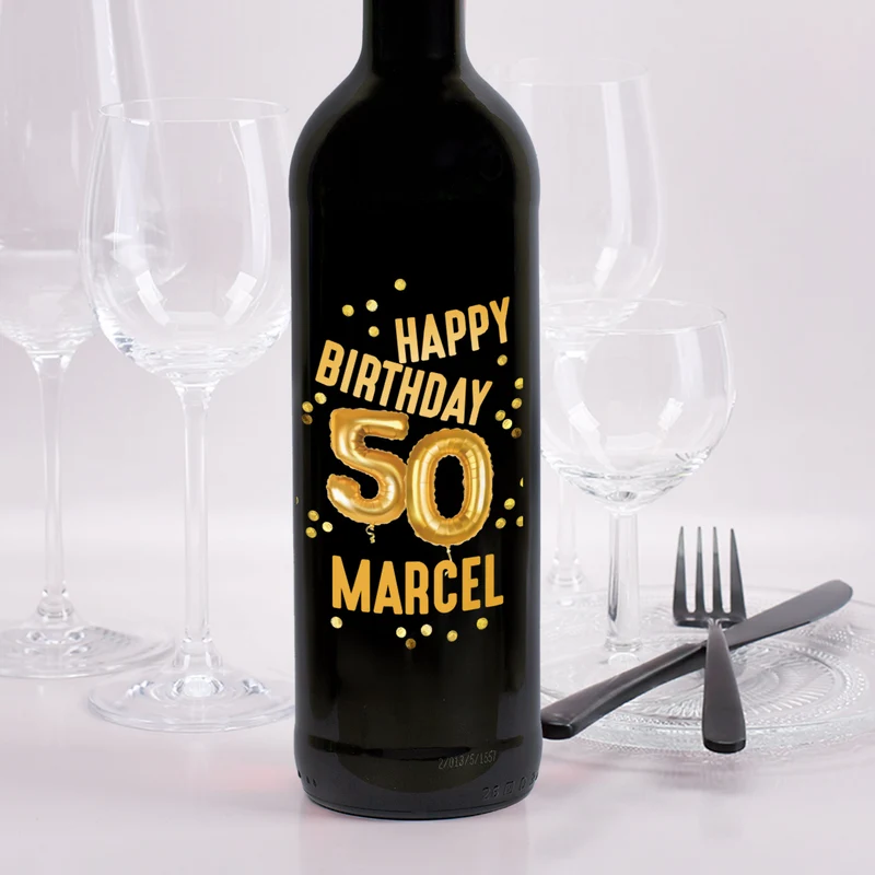 Biorebe Wein zum 50. Geburtstag personalisiert mit Name | Luftballon & Konfetti Design
