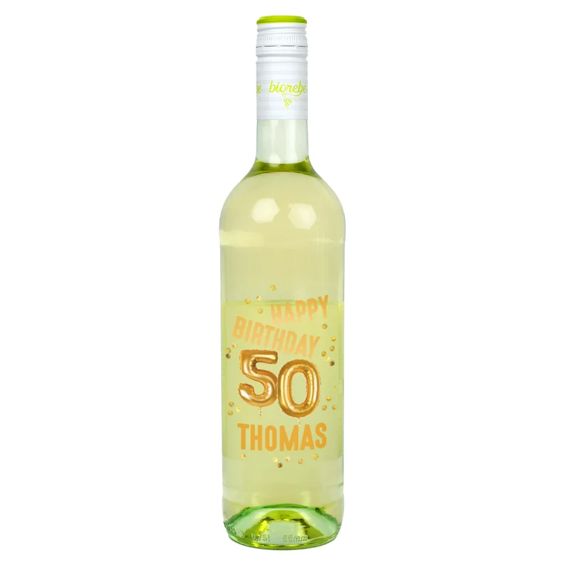 Biorebe Wein zum 50. Geburtstag personalisiert mit Name | Luftballon & Konfetti Design