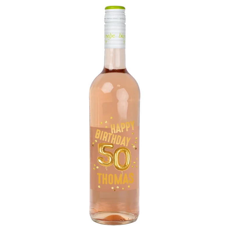 Biorebe Wein zum 50. Geburtstag personalisiert mit Name | Luftballon & Konfetti Design