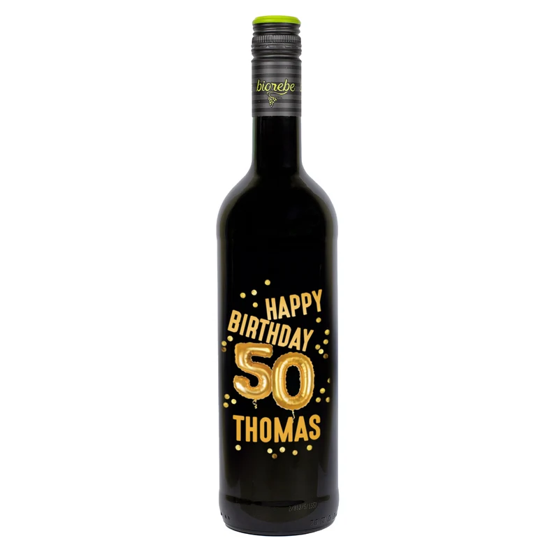 Biorebe Wein zum 50. Geburtstag personalisiert mit Name | Luftballon & Konfetti Design
