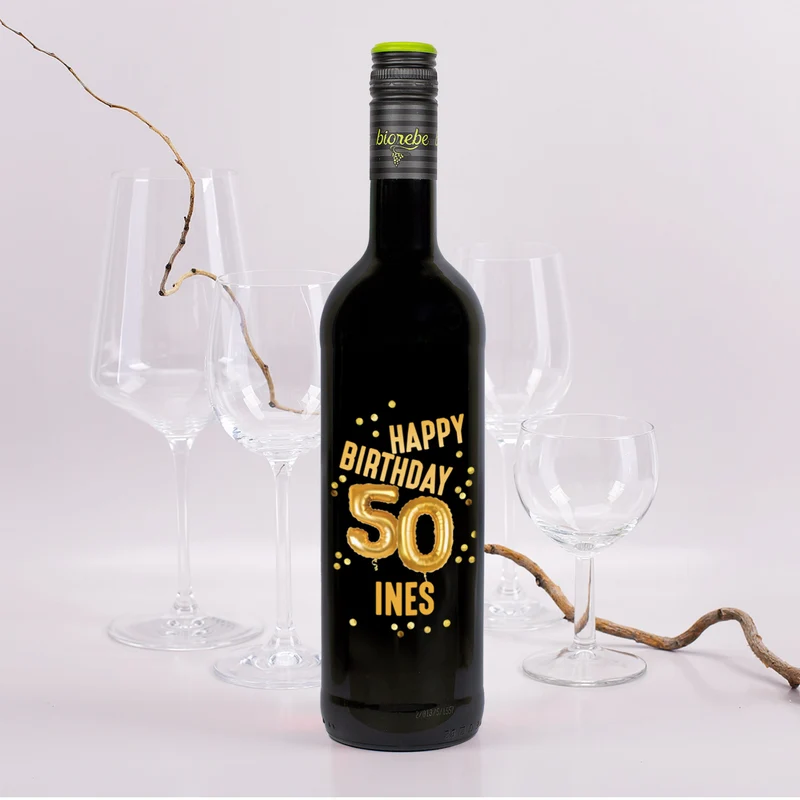 Biorebe Wein zum 50. Geburtstag personalisiert mit Name | Luftballon & Konfetti Design