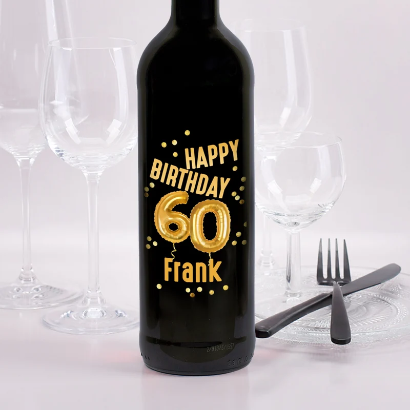 Biorebe Wein zum 60. Geburtstag personalisiert mit Name | Luftballon & Konfetti Design