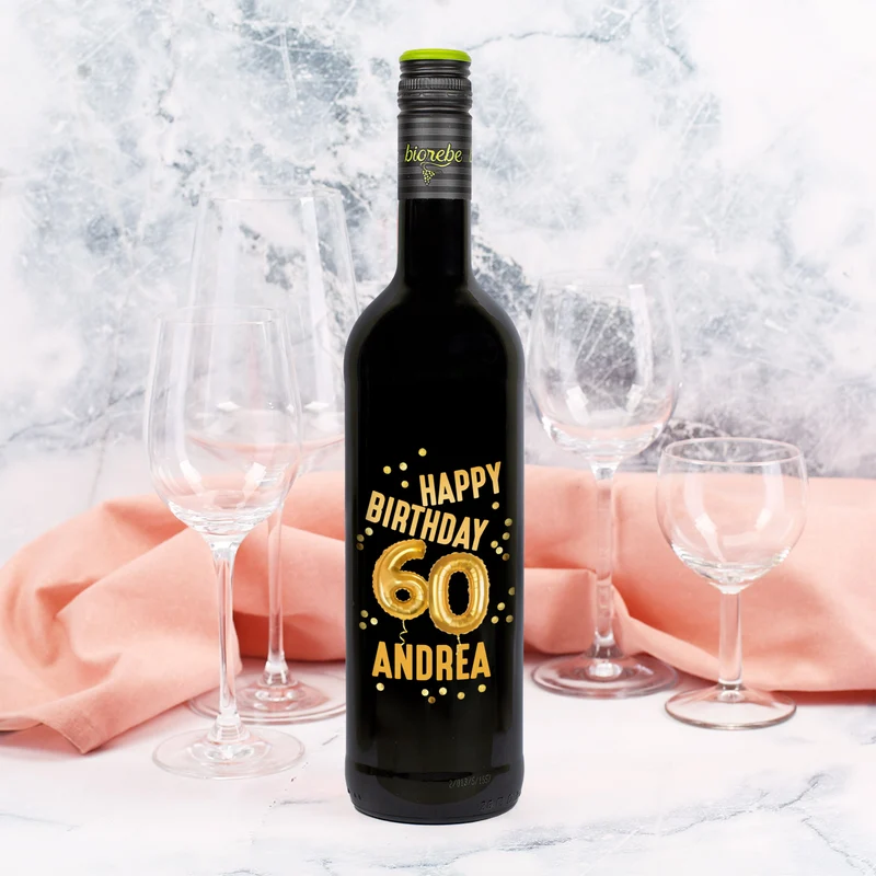 Biorebe Wein zum 60. Geburtstag personalisiert mit Name | Luftballon & Konfetti Design