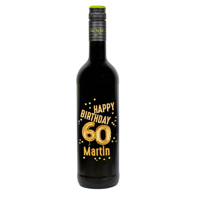 Biorebe Wein zum 60. Geburtstag personalisiert mit Name | Luftballon & Konfetti Design