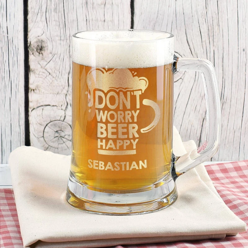 Gravierter Bierseidel DON`T WORRY BEER HAPPY mit Wunschname