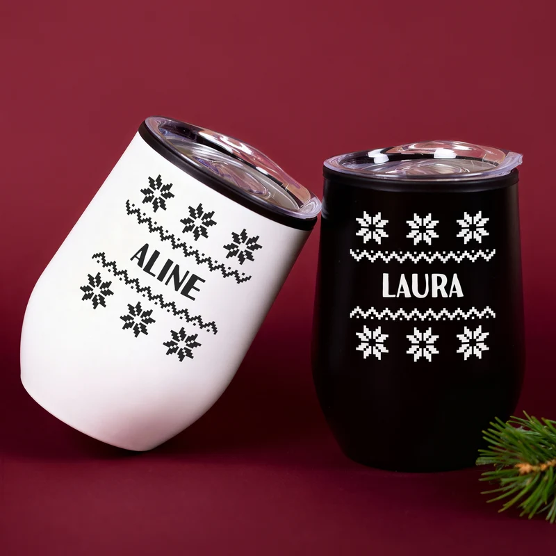 Personalisierter Thermobecher mit Strickmotiv & Name in 2 Farben | Geschenk zu Weihnachten