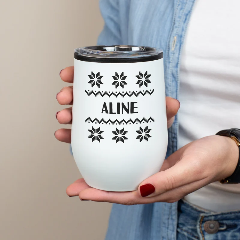 Personalisierter Thermobecher mit Strickmotiv & Name in 2 Farben | Geschenk zu Weihnachten