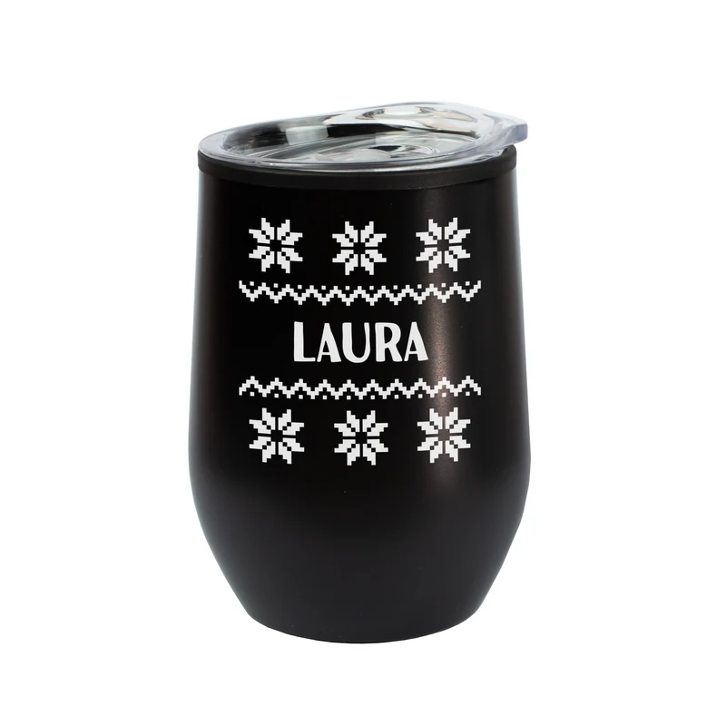 Personalisierter Thermobecher mit Strickmotiv & Name in 2 Farben | Geschenk zu Weihnachten