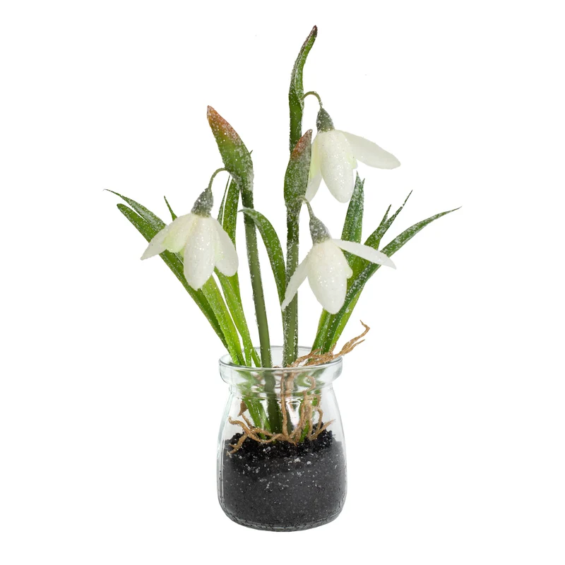 Zarte Schneeglöckchen im Glas mit Schnee und Morgentau | Hochwertige Seidenblumen als Dekoration