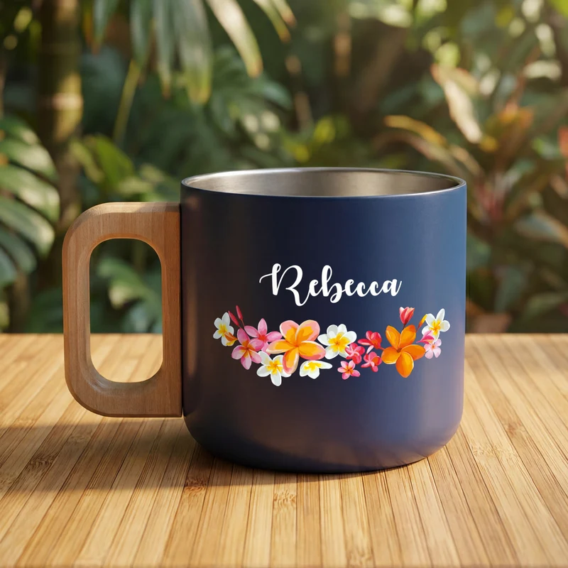 Edelstahl Tasse mit Holzgriff, Blumen Motiv & Name personalisiert | Nachhaltiges Geschenk für Frauen