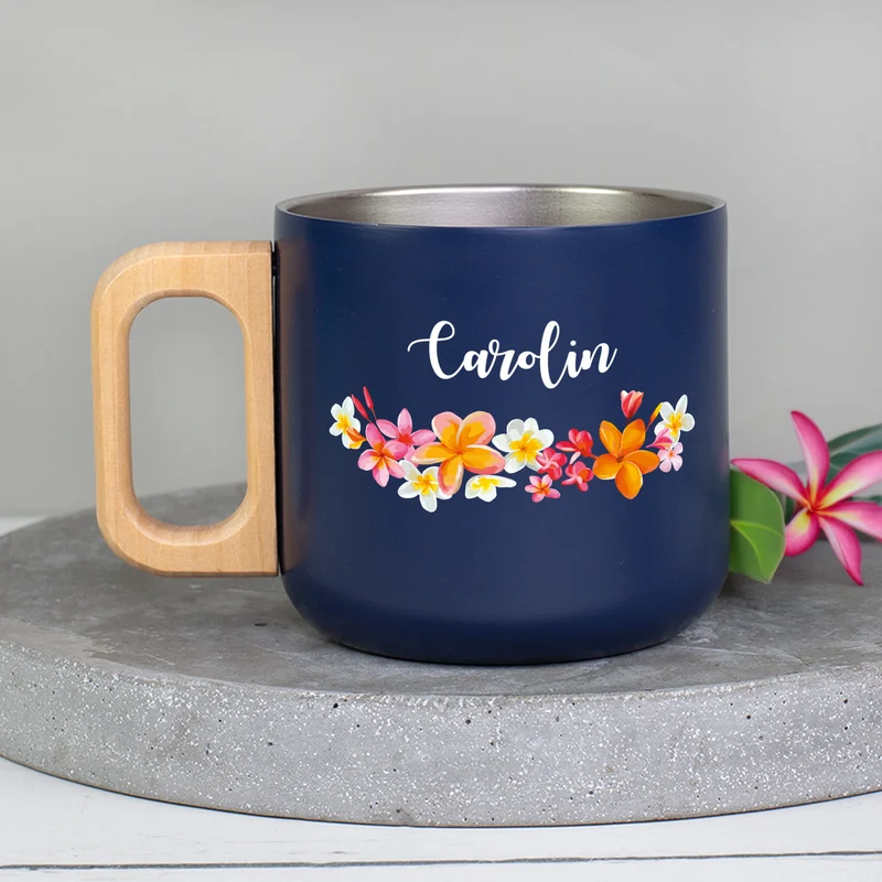 Edelstahl Tasse mit Holzgriff, Blumen Motiv & Name personalisiert | Nachhaltiges Geschenk für Frauen