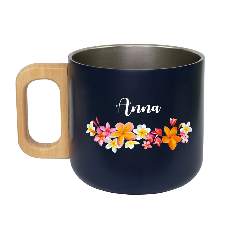 Edelstahl Tasse mit Holzgriff, Blumen Motiv & Name personalisiert | Nachhaltiges Geschenk für Frauen