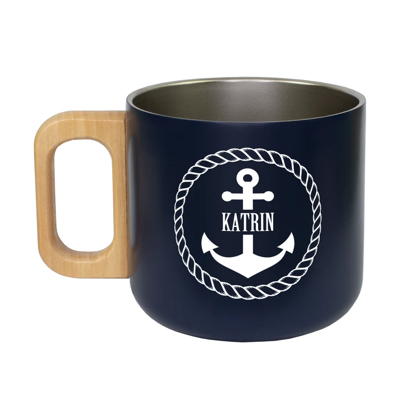 Edelstahl Tasse mit Anker & Name personalisiert | Maritimer Becher mit Holzgriff in Marine Blau 400ml