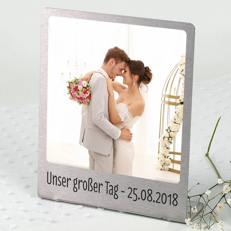 Großer Edelstahl Fotorahmen mit Ihrem Lieblingsfoto und Wunschtext bedruckt