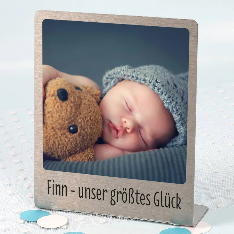 Großer Edelstahl Fotorahmen mit Ihrem Lieblingsfoto und Wunschtext bedruckt