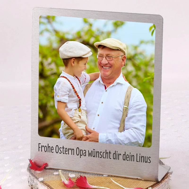 Großer Edelstahl Fotorahmen mit Ihrem Lieblingsfoto und Wunschtext bedruckt