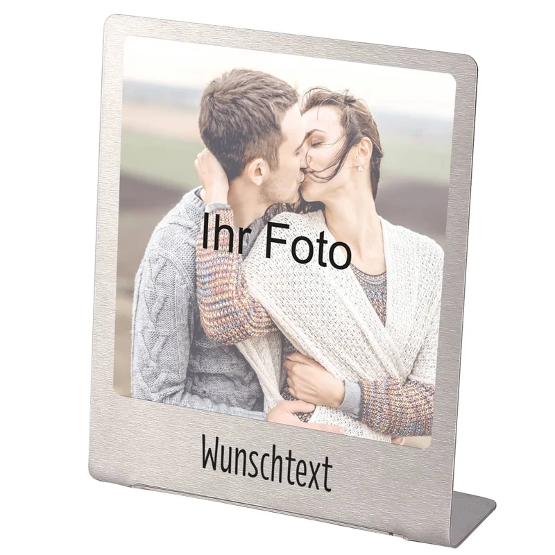 Großer Edelstahl Fotorahmen mit Ihrem Lieblingsfoto und Wunschtext bedruckt