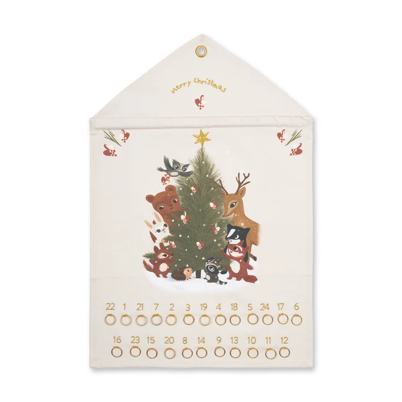 Wand-Adventskalender Waldweihnacht aus Bio Baumwolle, gestickte Details