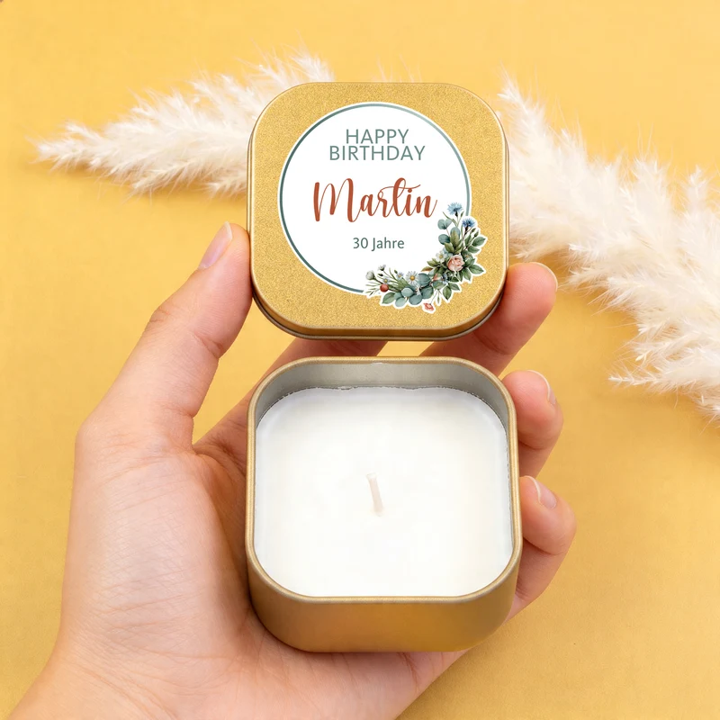 Duftkerze Happy Birthday mit Name & Wunschtext personalisiert | Geschenk zum Geburtstag mit Farbwahl