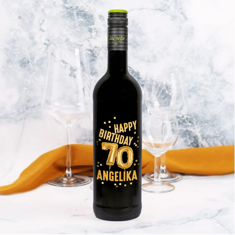 Biorebe Wein zum 70. Geburtstag personalisiert mit Name | Luftballon & Konfetti Design