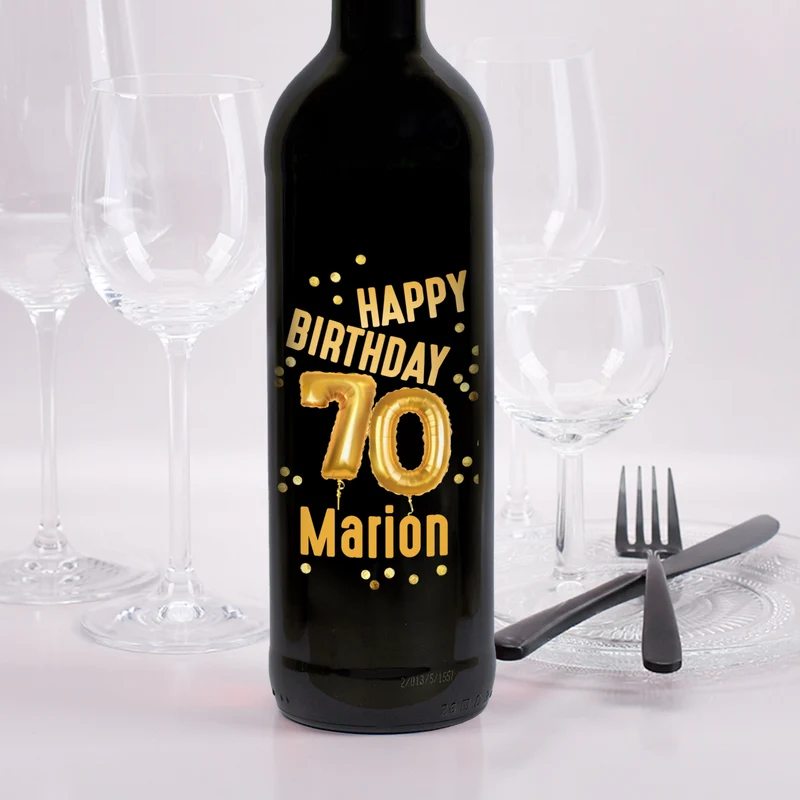 Biorebe Wein zum 70. Geburtstag personalisiert mit Name | Luftballon & Konfetti Design