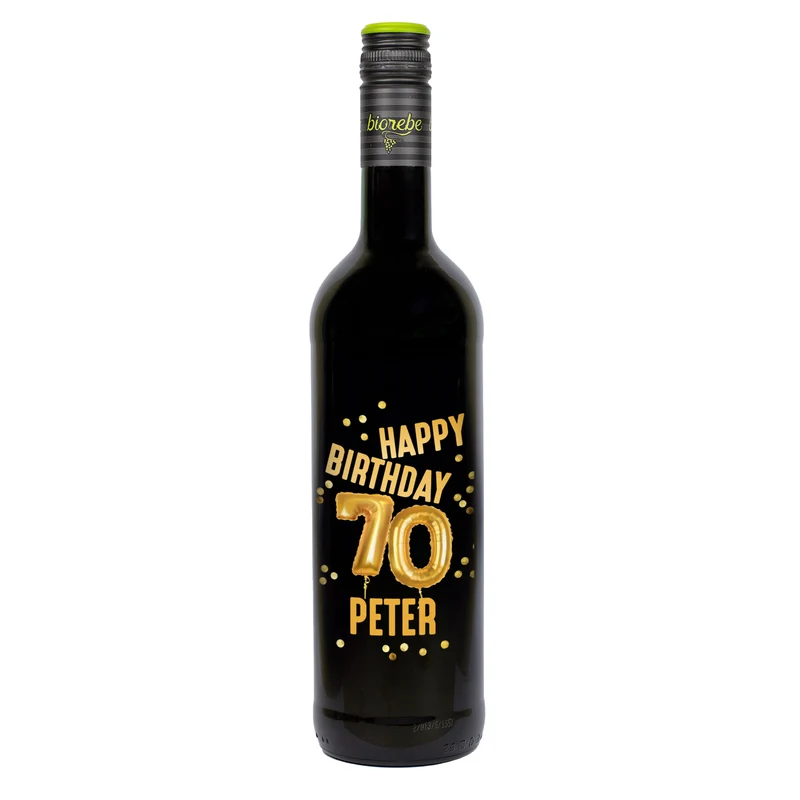 Biorebe Wein zum 70. Geburtstag personalisiert mit Name | Luftballon & Konfetti Design