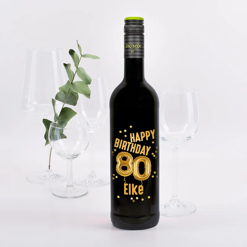 Biorebe Wein zum 80. Geburtstag personalisiert mit Name | Luftballon & Konfetti Design