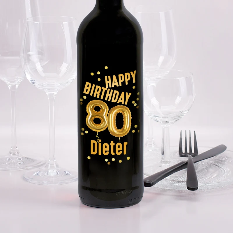 Biorebe Wein zum 80. Geburtstag personalisiert mit Name | Luftballon & Konfetti Design