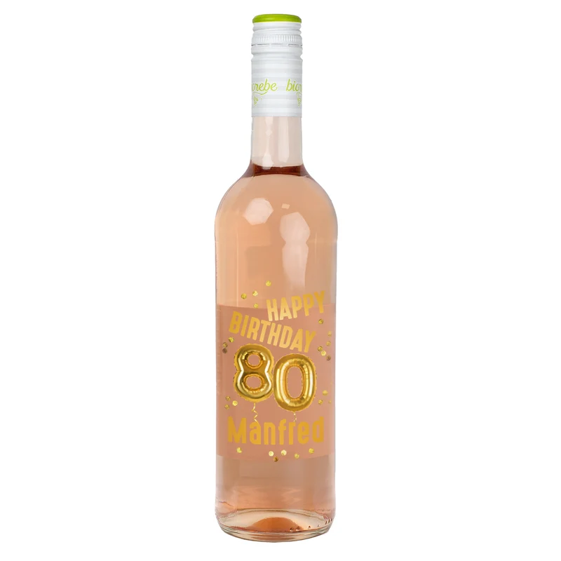 Biorebe Wein zum 80. Geburtstag personalisiert mit Name | Luftballon & Konfetti Design