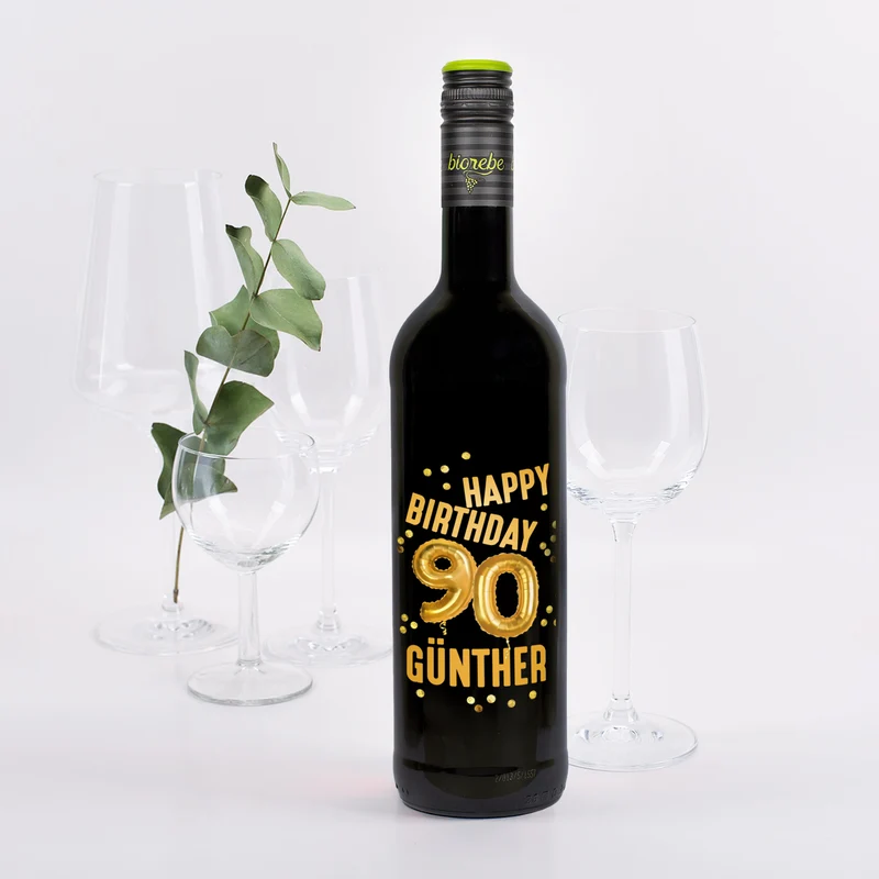 Biorebe Wein zum 90. Geburtstag personalisiert mit Name | Luftballon & Konfetti Design