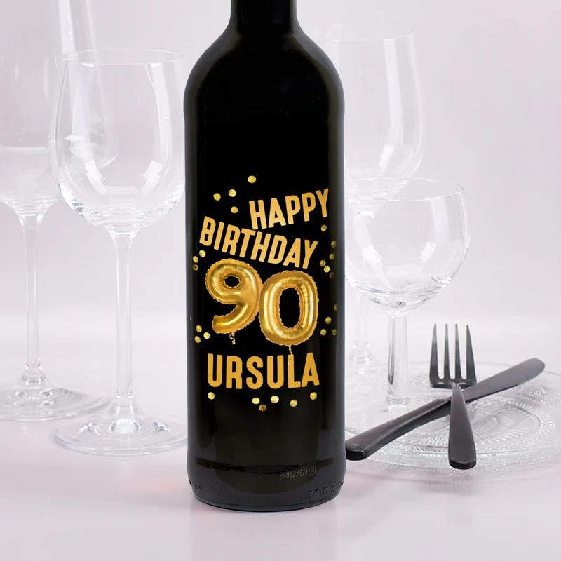 Biorebe Wein zum 90. Geburtstag personalisiert mit Name | Luftballon & Konfetti Design