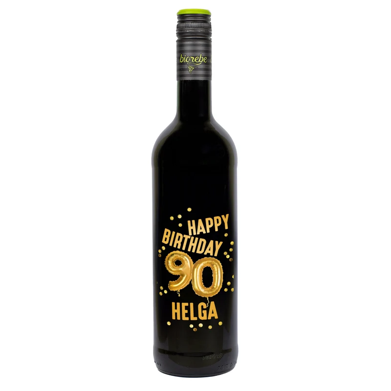Biorebe Wein zum 90. Geburtstag personalisiert mit Name | Luftballon & Konfetti Design