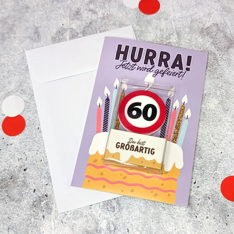 Karte zum Geburtstag mit Kerze in Verkehrszeichen-Design
