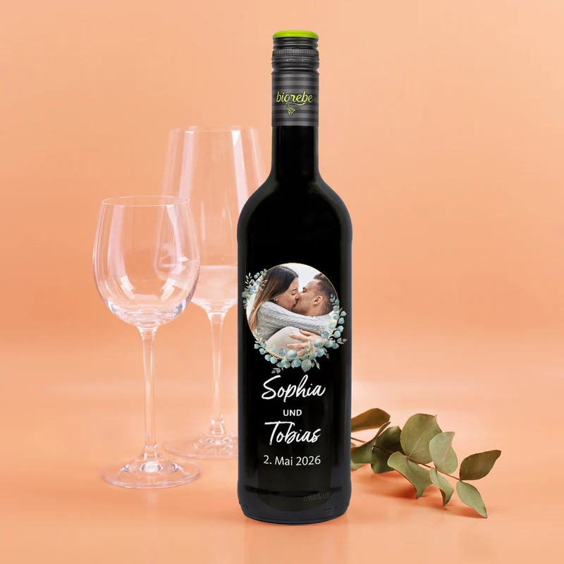 Biorebe Wein zur Hochzeit personalisiert mit Foto, Namen und Datum | Eukalyptus