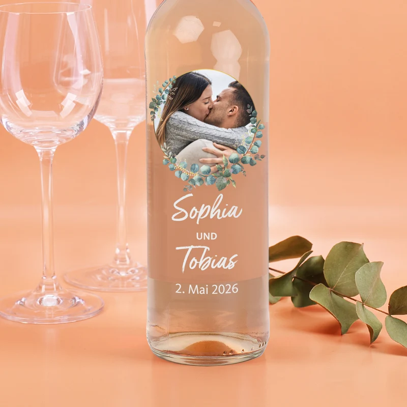 Biorebe Wein zur Hochzeit personalisiert mit Foto, Namen und Datum | Eukalyptus