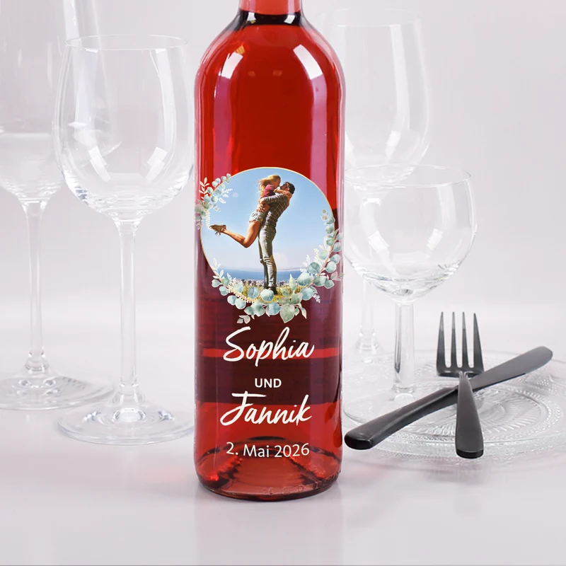 Biorebe Wein zur Hochzeit personalisiert mit Foto, Namen und Datum | Eukalyptus