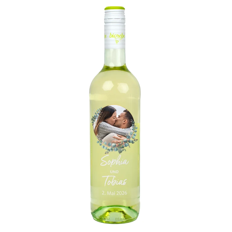 Biorebe Wein zur Hochzeit personalisiert mit Foto, Namen und Datum | Eukalyptus
