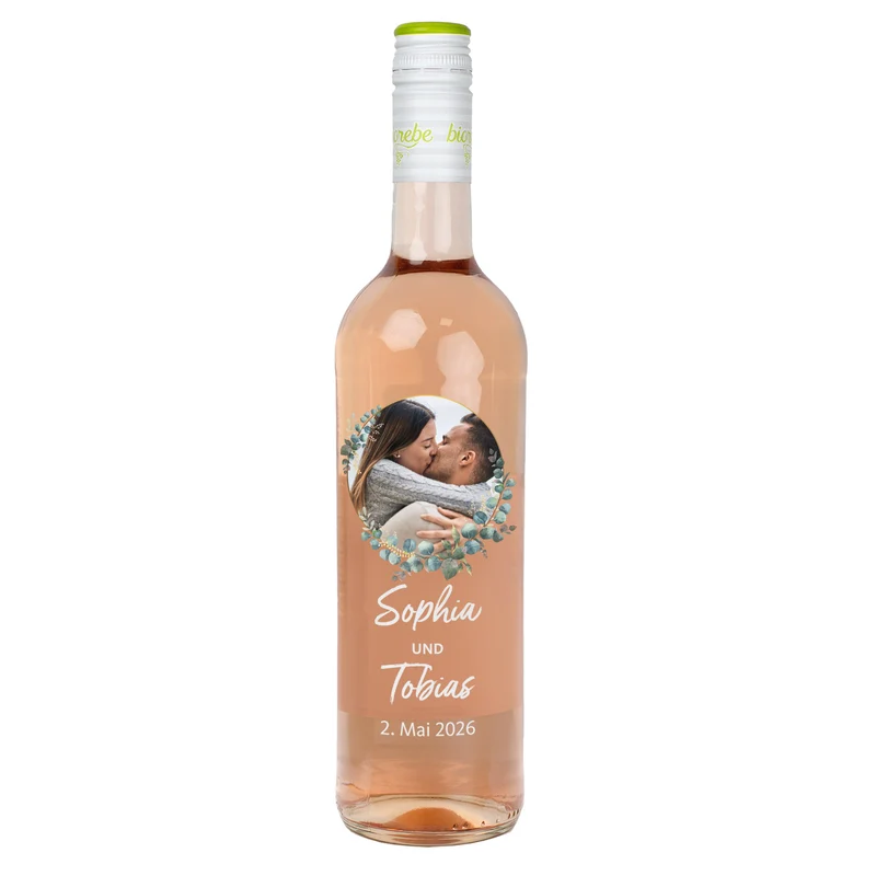 Biorebe Wein zur Hochzeit personalisiert mit Foto, Namen und Datum | Eukalyptus