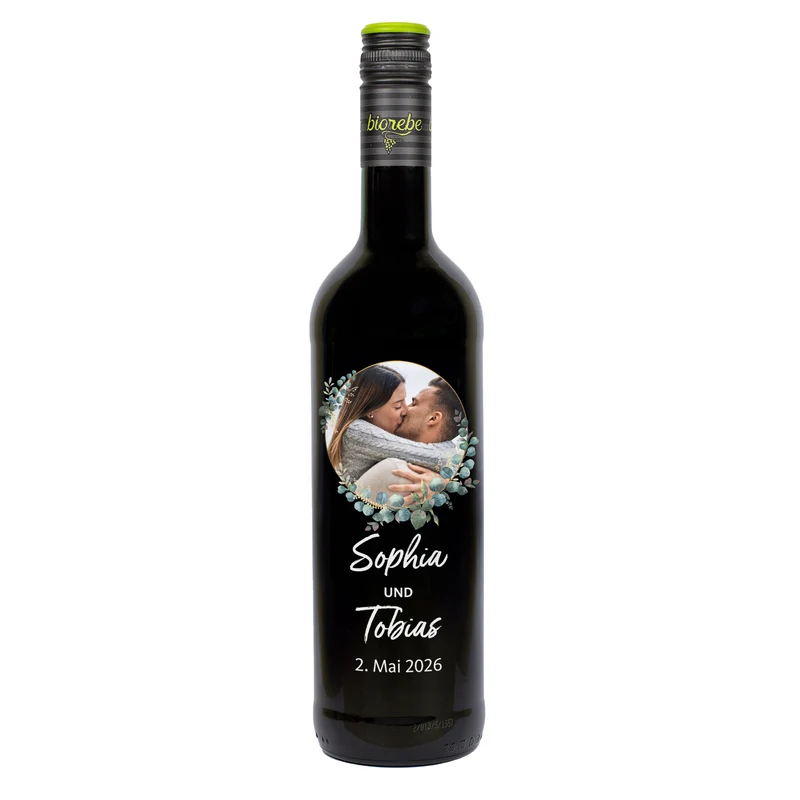 Biorebe Wein zur Hochzeit personalisiert mit Foto, Namen und Datum | Eukalyptus
